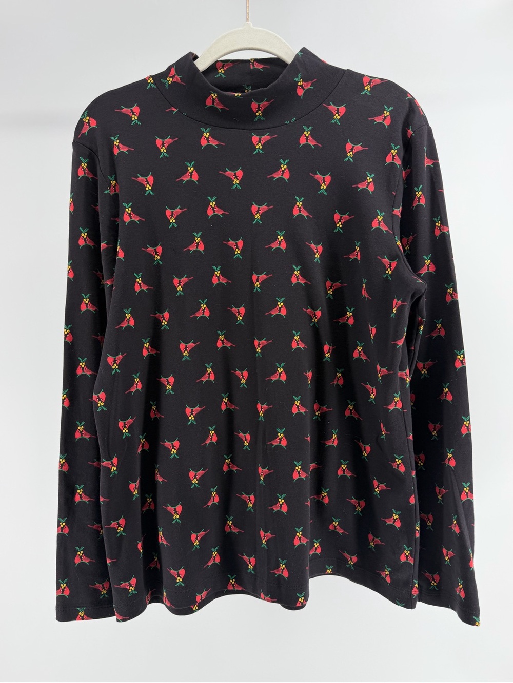 Croft & Barrow Cardinal Print Black Mock Neck Soft Stretch Turtleneck, Sz Large